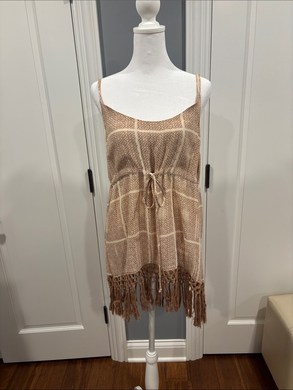 CAbi Tan & Cream Grid Fringe Tunic